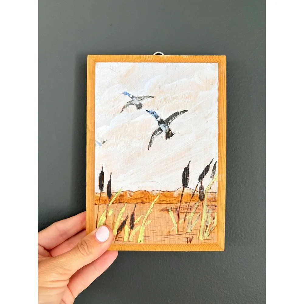 Original Folk Art Painting, Ducks in Flight, Signed W.S. Platner